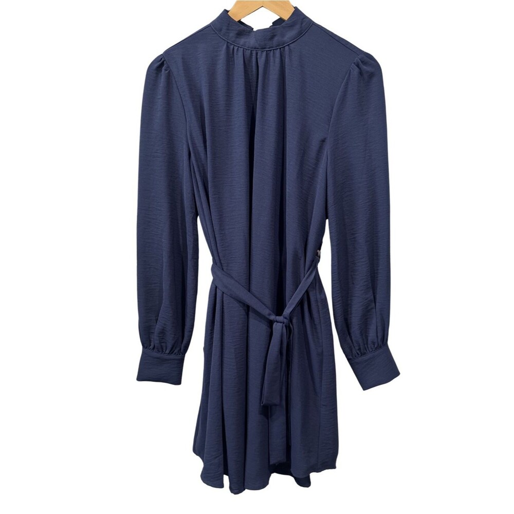 NWT She + Sky Navy Long Sleeve Tie Waist Mini Dress Size M High Neck Lined